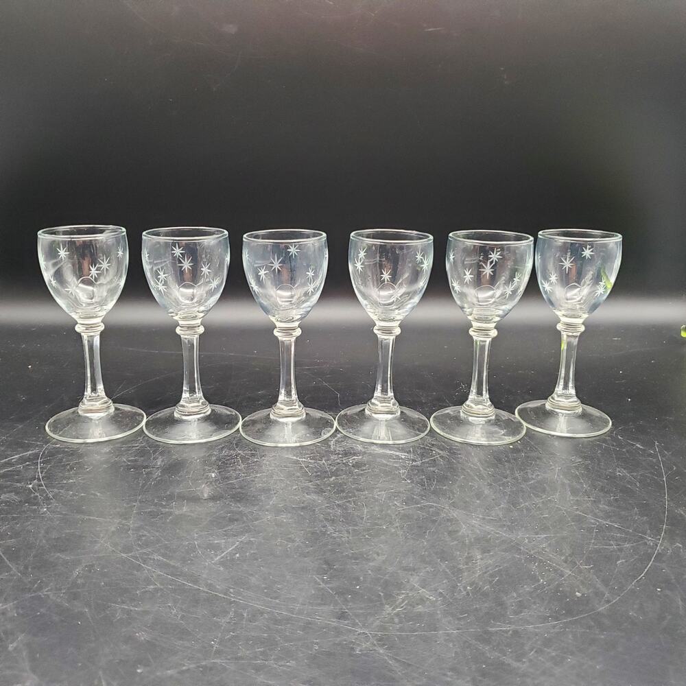 Set of 6 Vintage Etched Starburst Cordial Glasses Aperitif Wine Goblets
